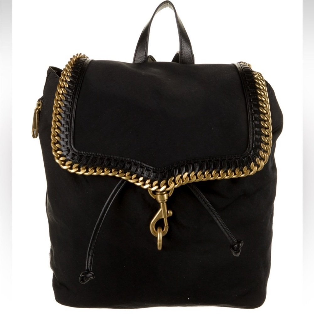 NWT Rebecca Minkoff Black Gold Chain Backpack Leather Trim Flap Backpack
